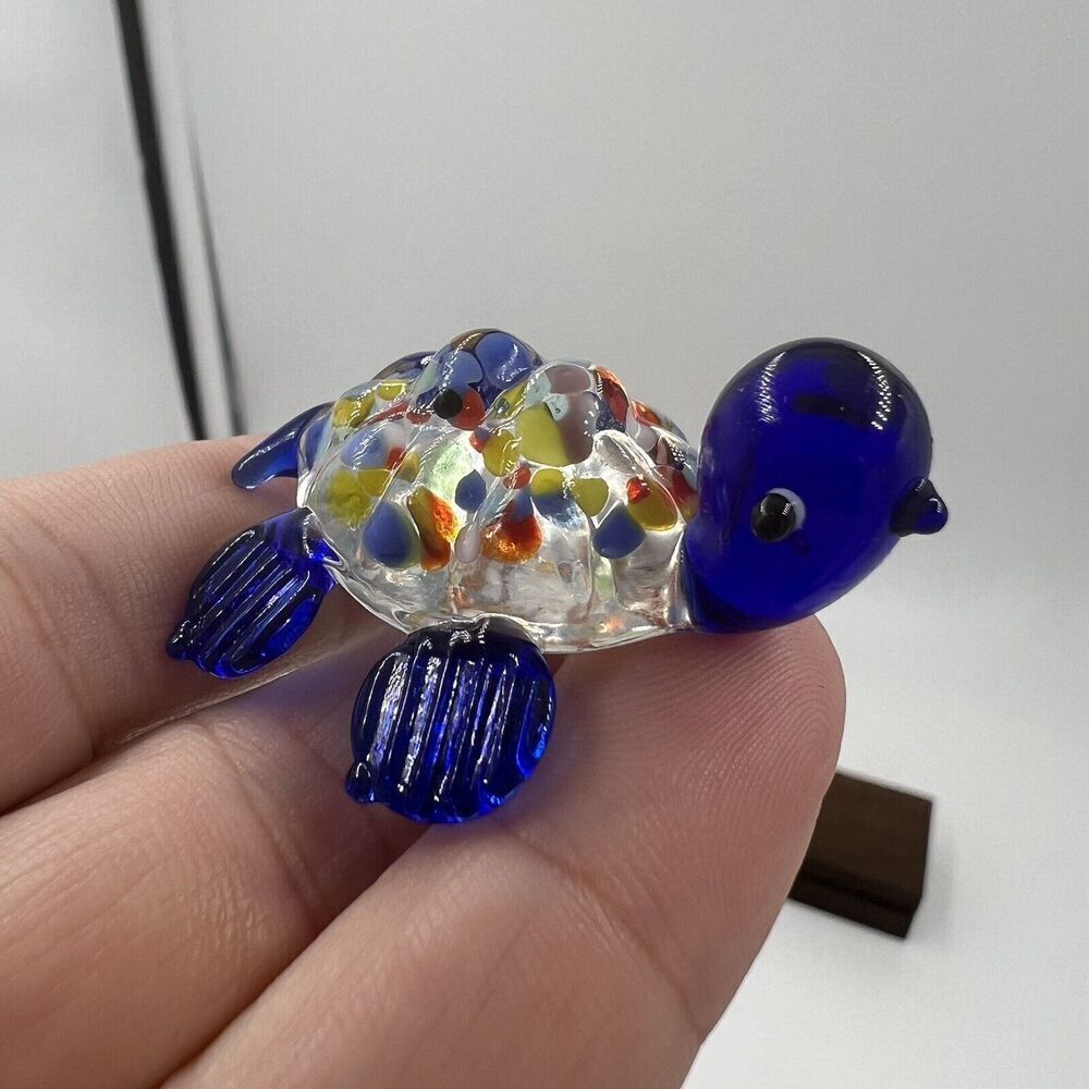 MINIATURE Art GLASS Blue Turtle FIGURINE Multicolor Tiny Collectible Trinket